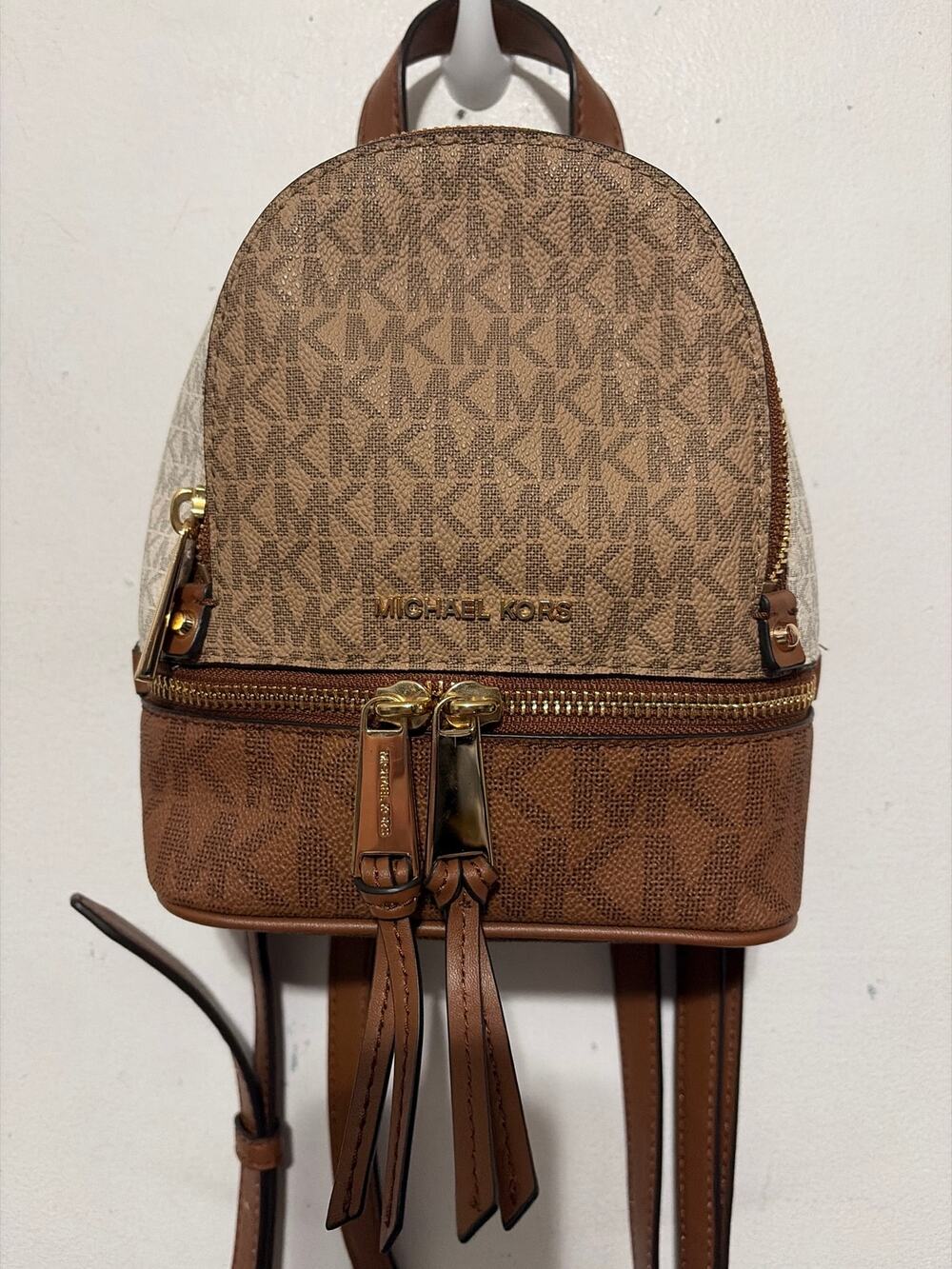 Michael Kors Mini Backpack Brown Tan Signature Logo NWOT Bag Gold Zip
